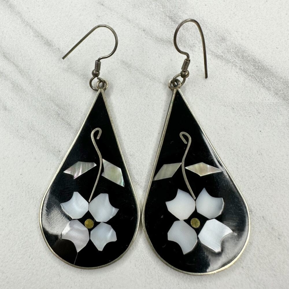 Vintage Alpaca Mexico Mother of Pearl Abalone Flower Inlay Teardrop Earrings ✨ - Picture 5 of 7
